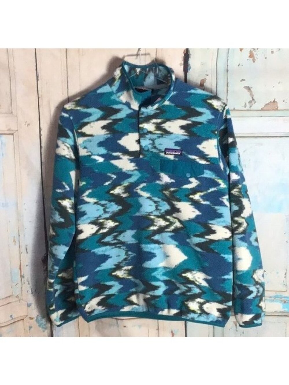Patagonia Womans S Synchilla Snap T Fleece Pullover Blue Green Wave Print